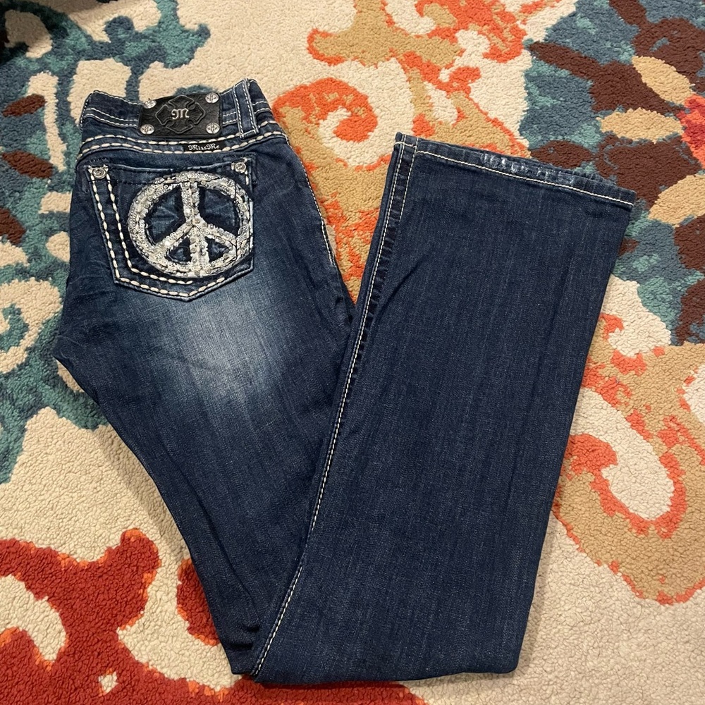 Miss Me Dark Blue Flare Jeans with Peace Embroidery